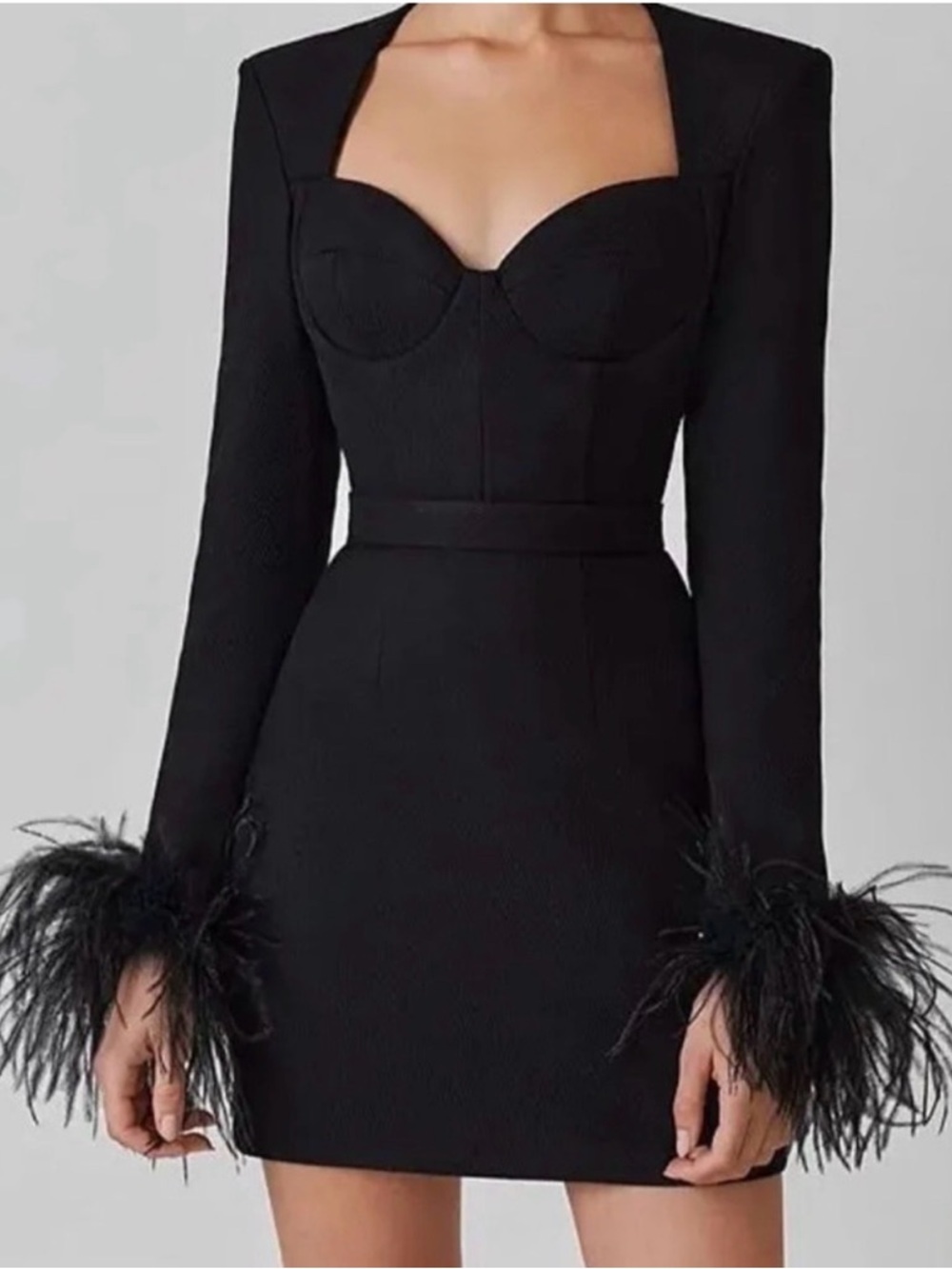 Catchall Bandage Mini Cocktail Dress Black Feather Cuff Trim Sleeve Size
